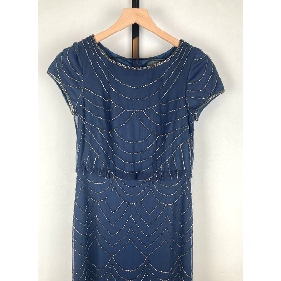 Adrianna Papell Short Sleeve Beaded Blouson Gown in Navy - Picture 9 of 16